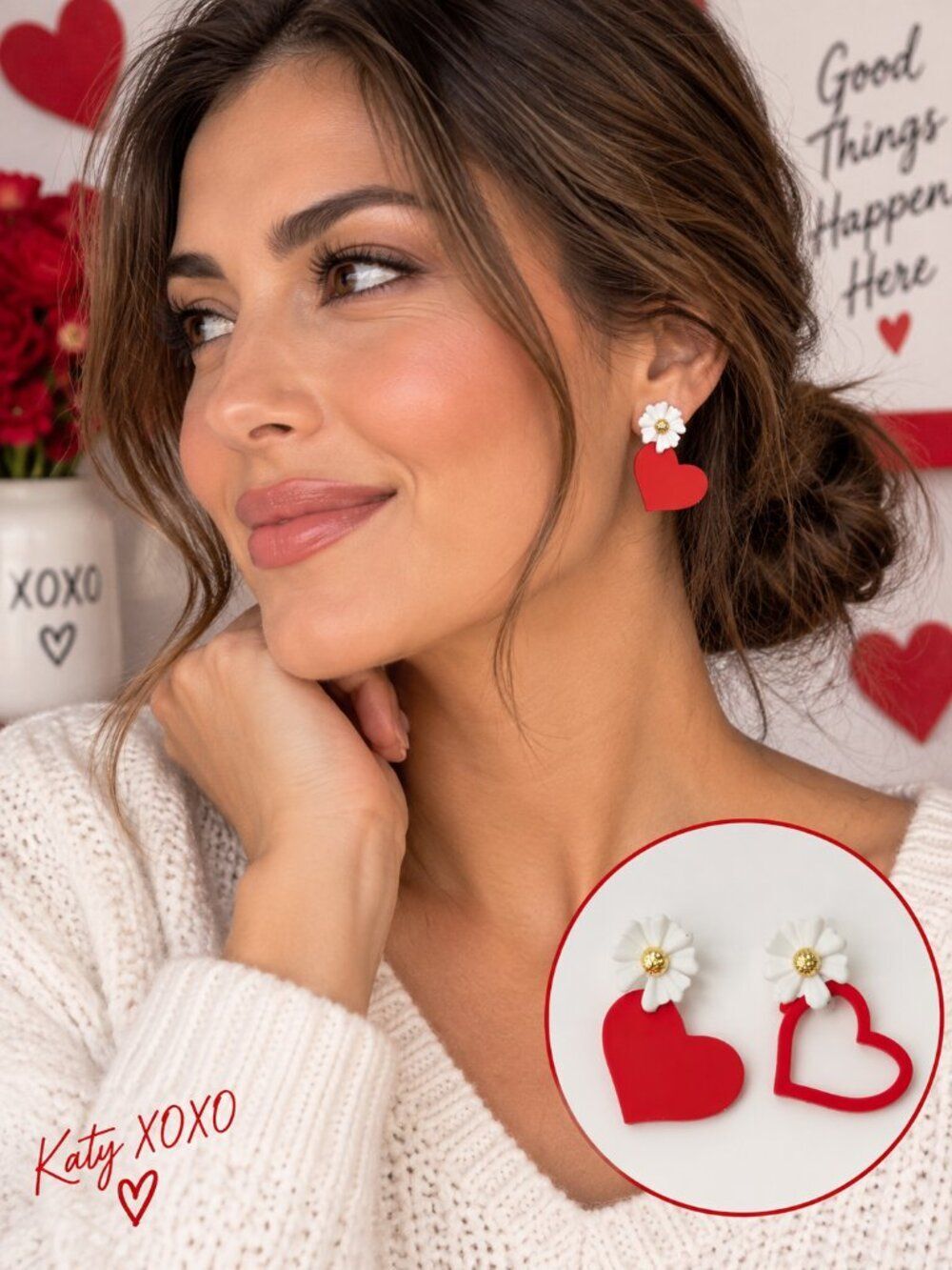 Red Heart Daisy Earrings Mismatched Asymmetrical Flower Stud Valentine Jewelry